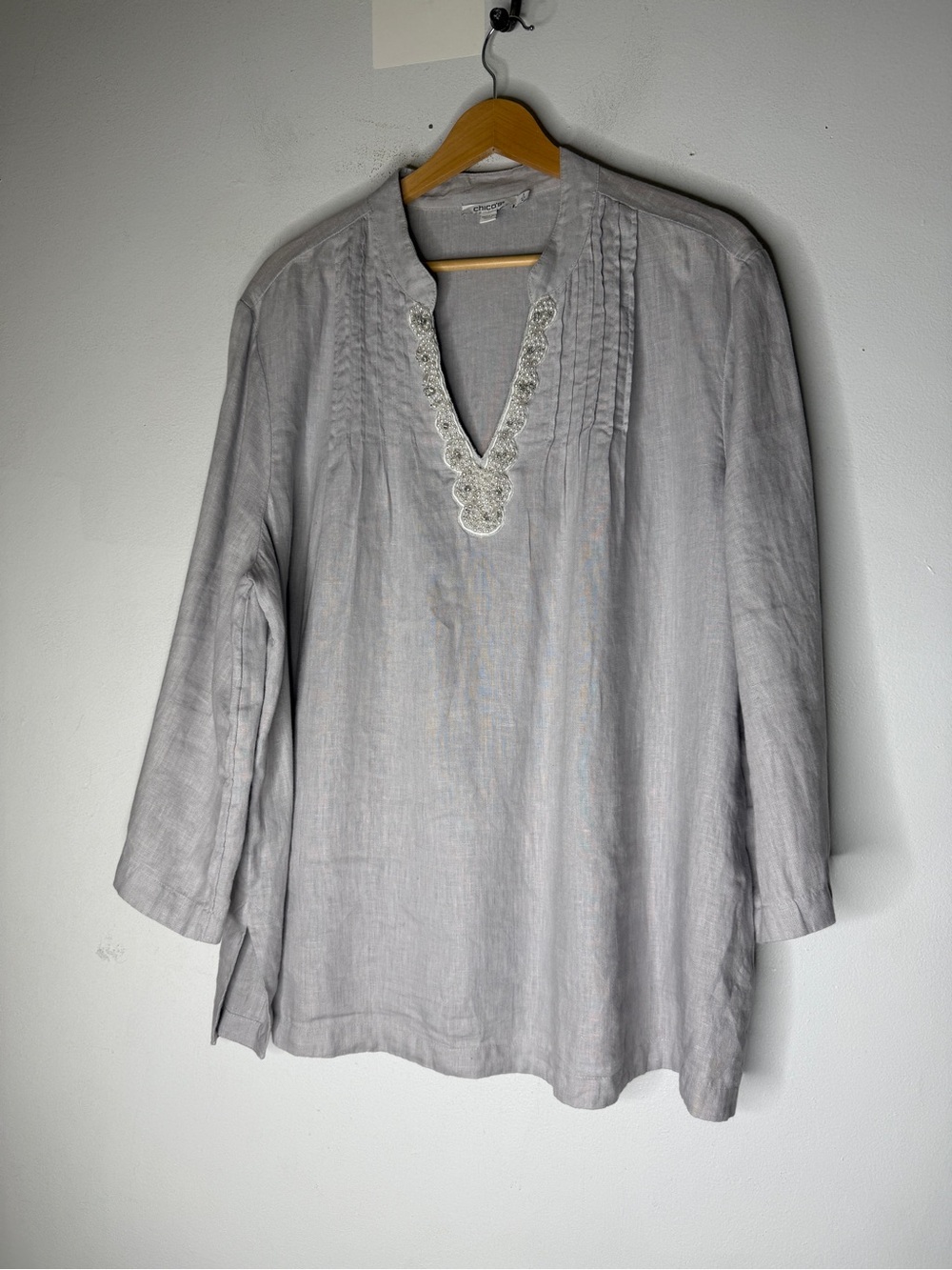 Chicos Embellished Linen Kurta Tunic Grey Size 3 Or XL